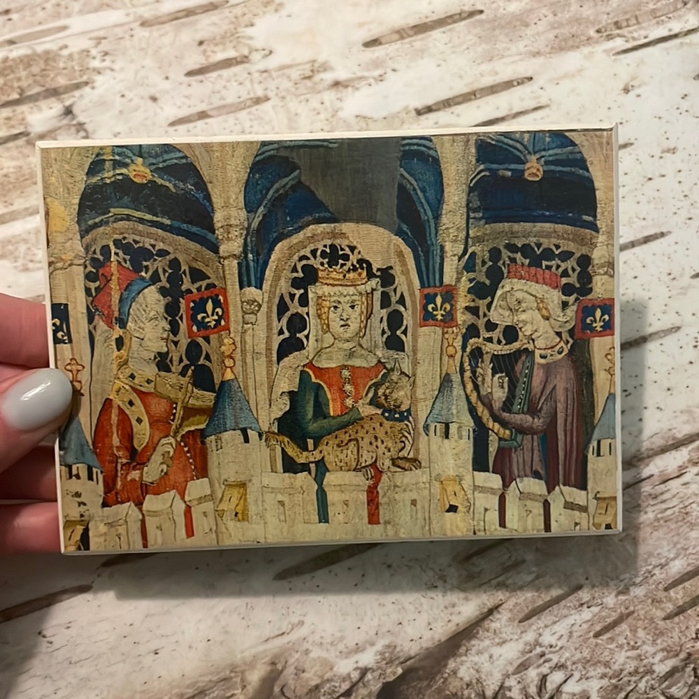 Antique Hunt of the Unicorn, Ladies of the Court Painted Wooden Picture